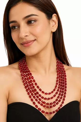 Red oval beads maala, multi-layer strand necklace, 22 inches, traditional indian style