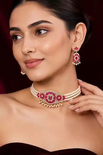 Pearl choker necklace set with ruby stone pendant, cz diamond accents, dangling earrings, bridal indian jewellery