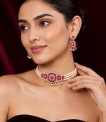 Pearl choker necklace set with ruby stone pendant, cz diamond accents, dangling earrings, bridal indian jewellery