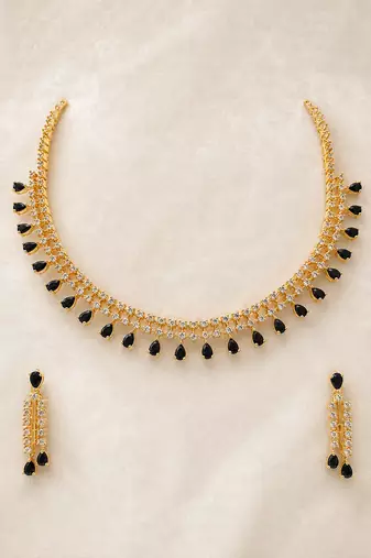 Ad necklace set with earrings, gold-toned, black teardrop stone, american diamond jewellery set