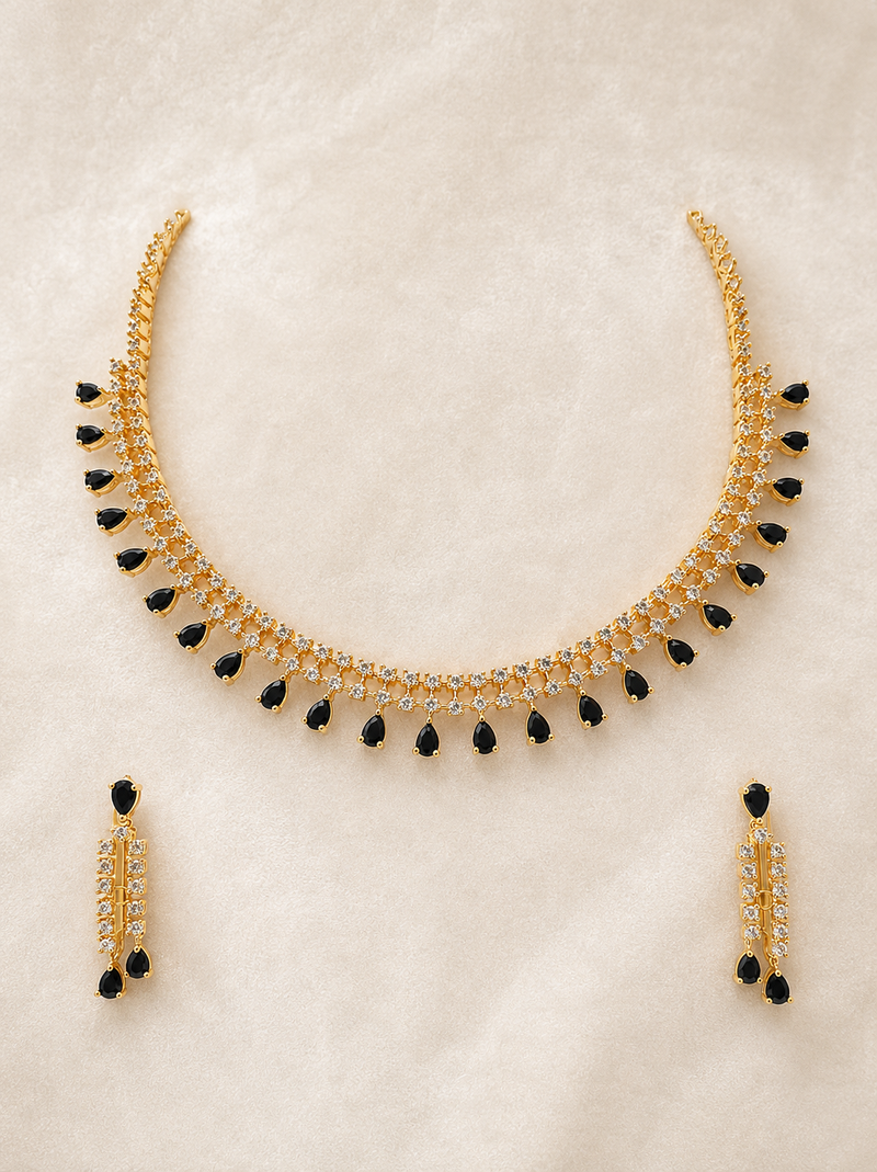 Ad necklace set with earrings, gold-toned, black teardrop stone, american diamond jewellery set