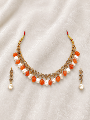 Gold-toned necklace set with orange beads and baroque pearls, ethnic indian jewellery, with earrings 1