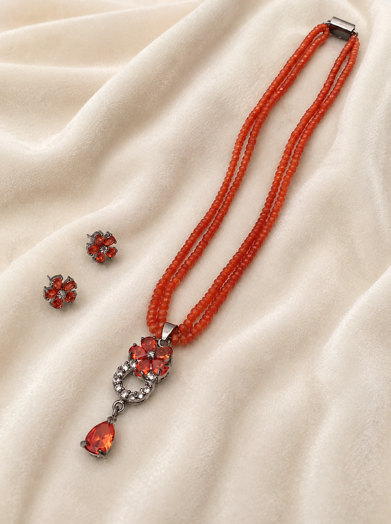 Red beads maala set with flower pendant, multi-strand necklace with matching stud earrings