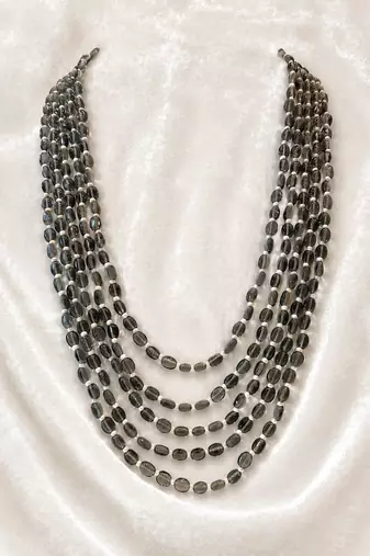 Multi-layer grey beads maala necklace, oval beads with white spacers, 22 inches