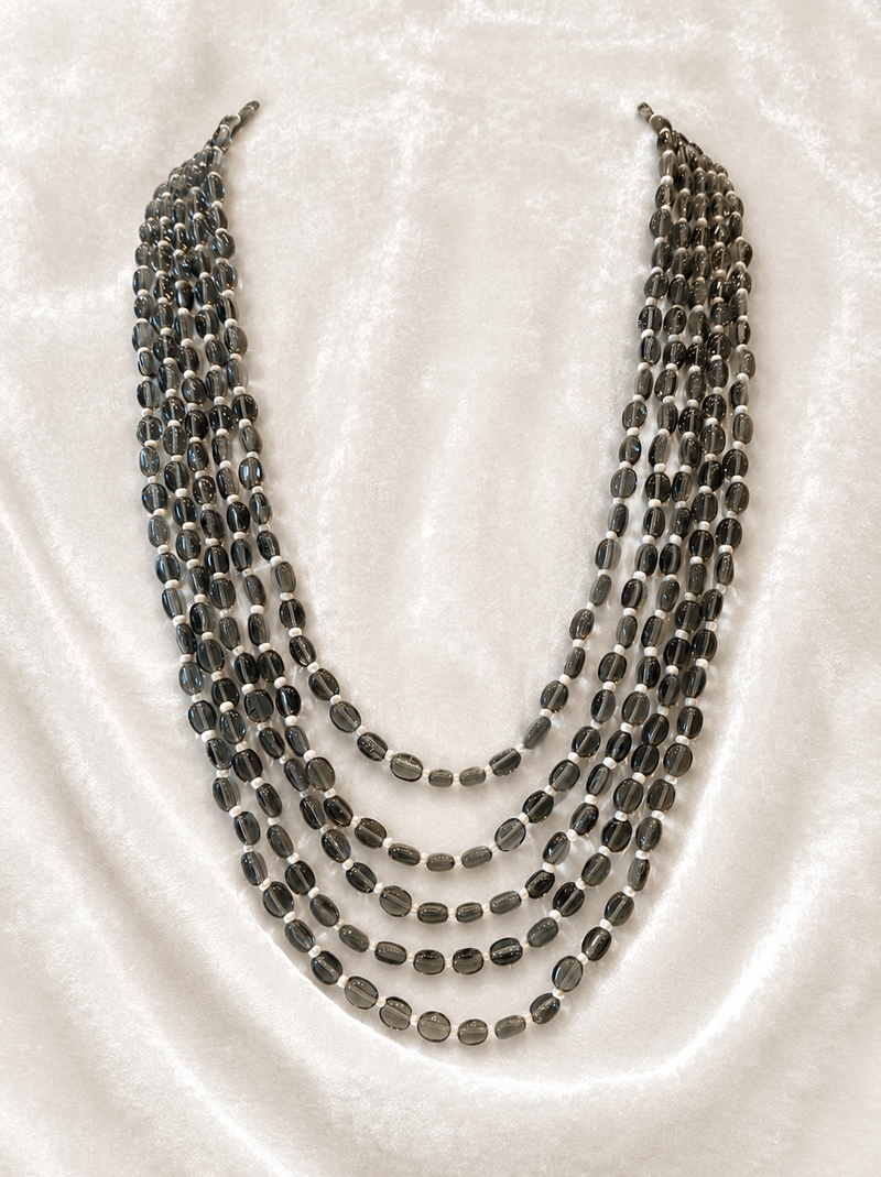 Multi-layer grey beads maala necklace, oval beads with white spacers, 22 inches
