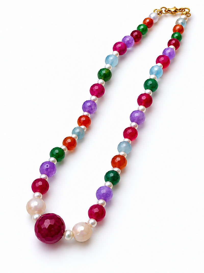 Multicolour pearls and beads maala necklace, faceted stone beads with pearl accents, gold-tone clasp