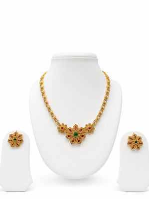 Ad necklace set with earrings, gold-toned, floral design, multi-colour stones, traditional indian jewellery 2