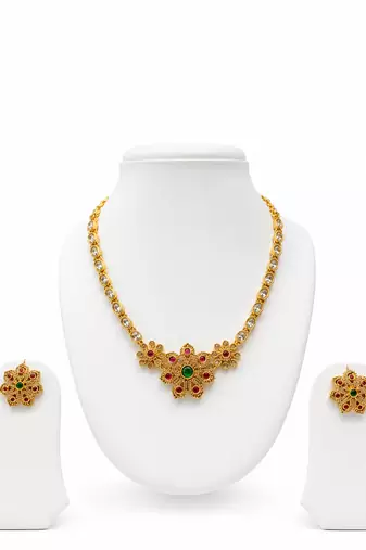Ad necklace set with earrings, gold-toned, floral design, multi-colour stones, traditional indian jewellery