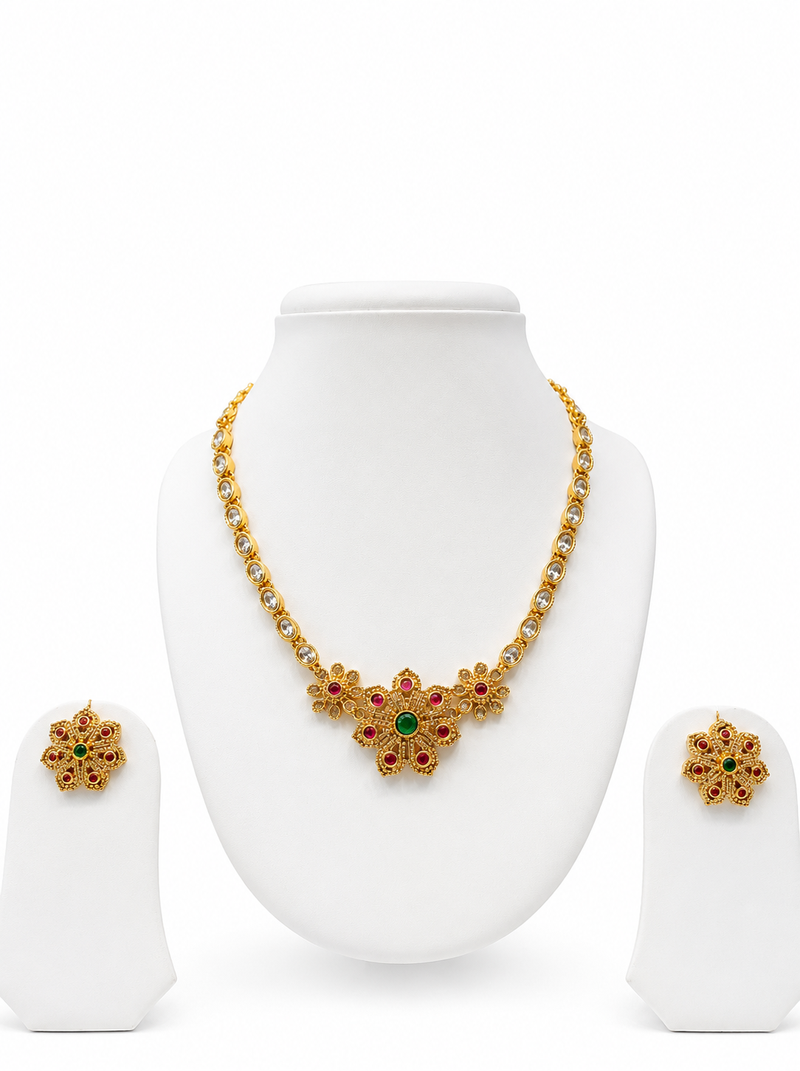 Ad necklace set with earrings, gold-toned, floral design, multi-colour stones, traditional indian jewellery