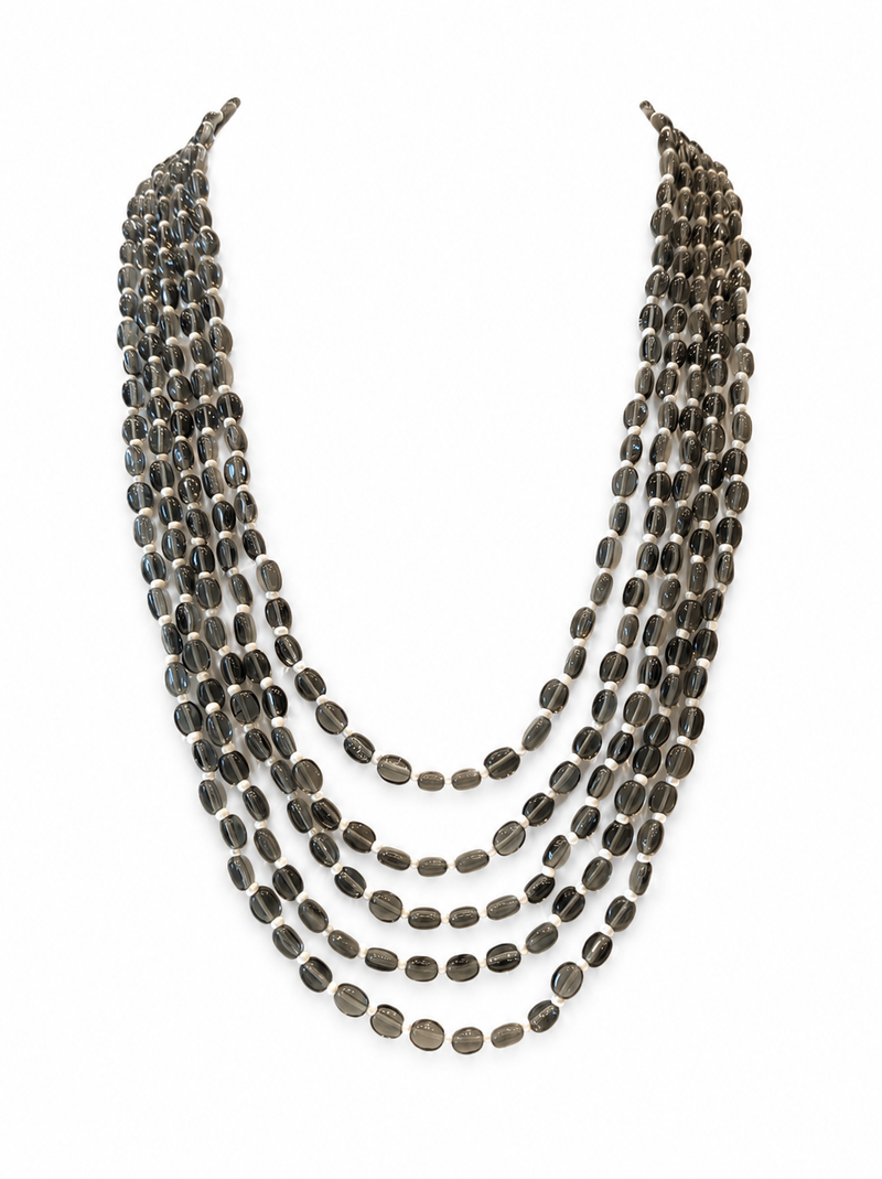 Multi-layer grey beads maala necklace, oval beads with white spacers, 22 inches