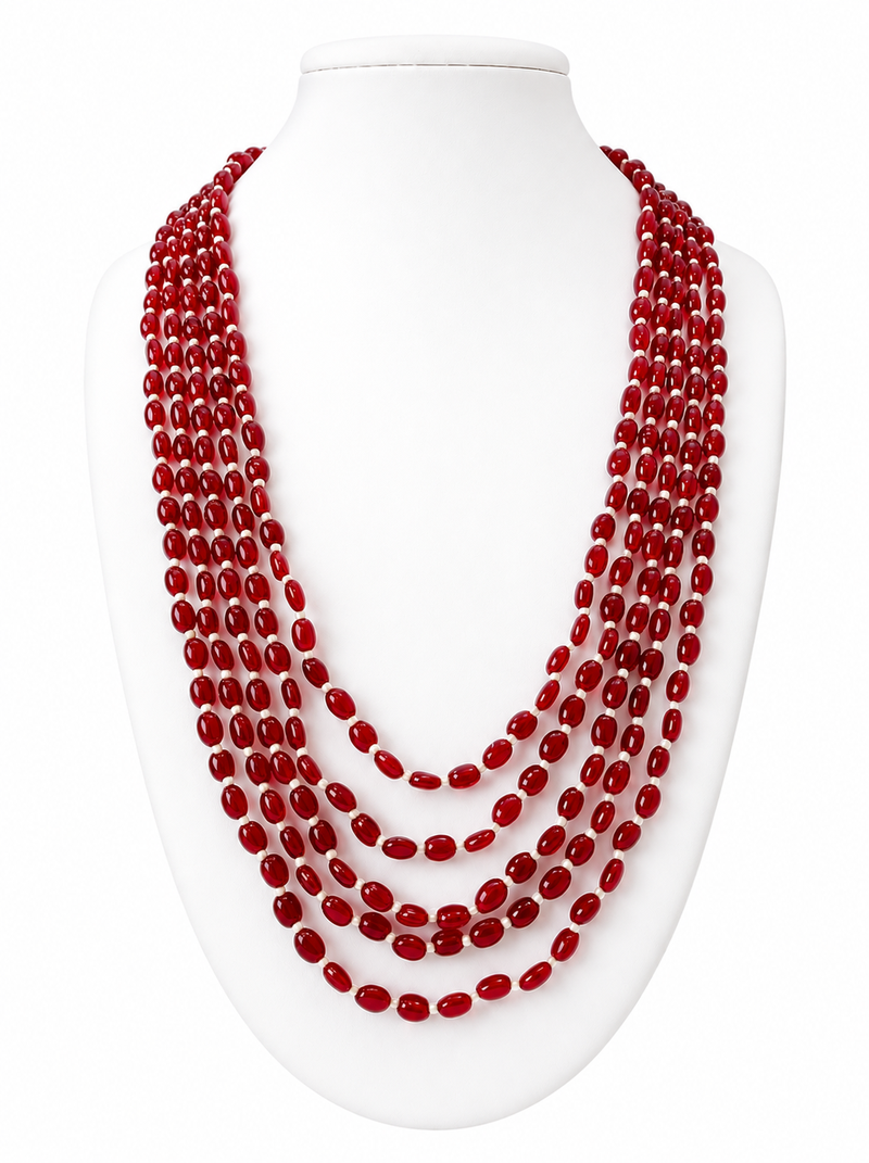 Red oval beads maala, multi-layer strand necklace, 22 inches, traditional indian style