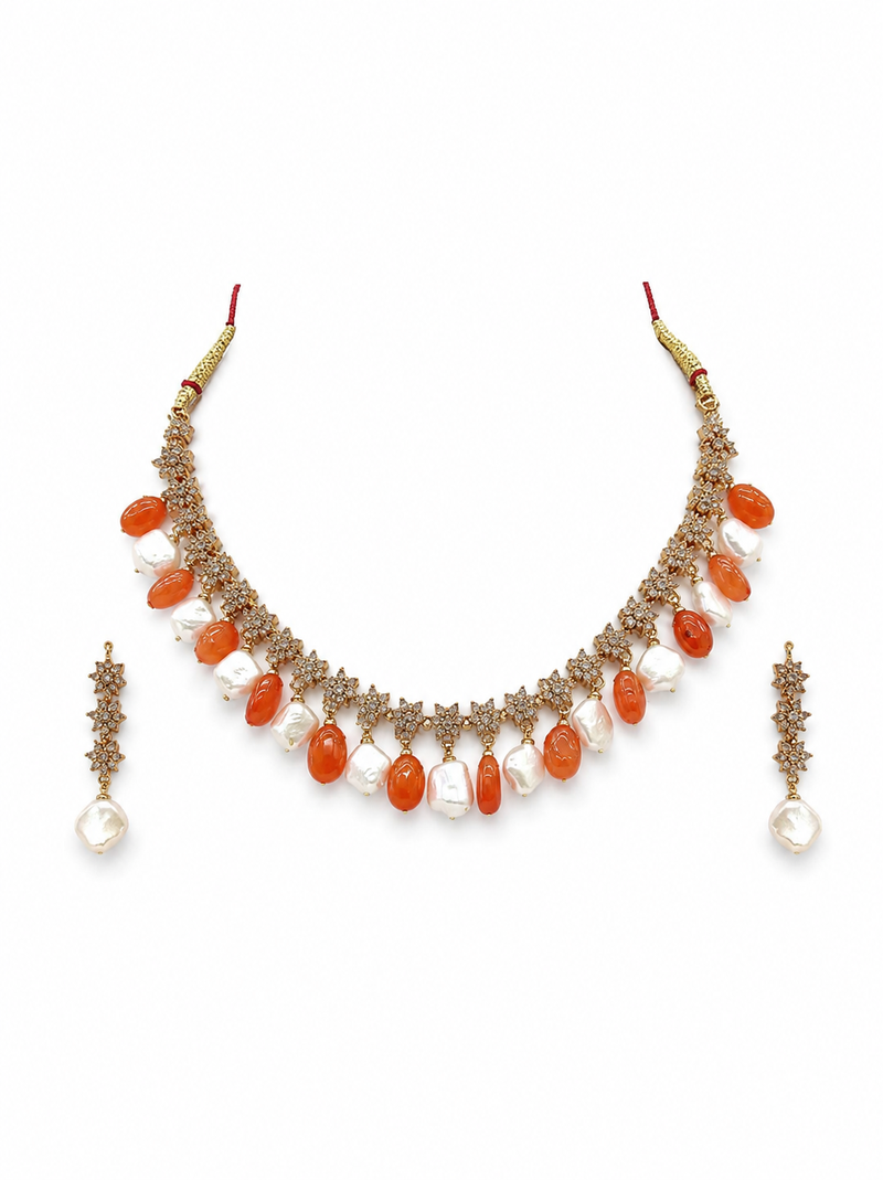 Gold-toned necklace set with orange beads and baroque pearls, ethnic indian jewellery, with earrings
