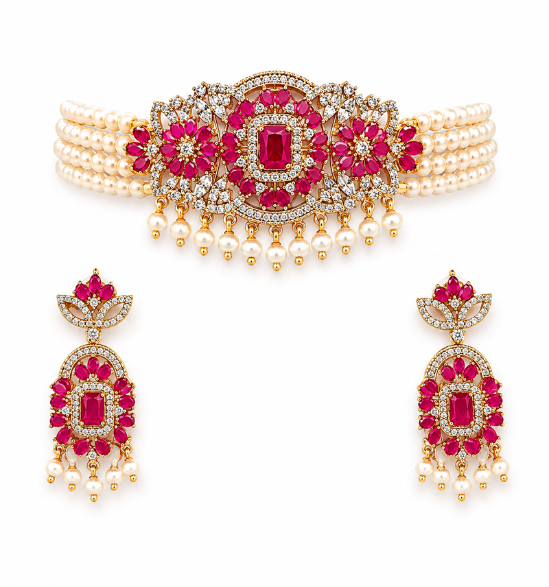Pearl choker necklace set with ruby stone pendant, cz diamond accents, dangling earrings, bridal indian jewellery
