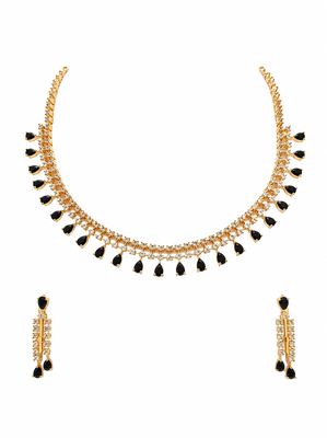 Ad necklace set with earrings, gold-toned, black teardrop stone, american diamond jewellery set 3