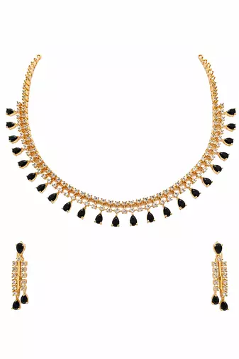Ad necklace set with earrings, gold-toned, black teardrop stone, american diamond jewellery set