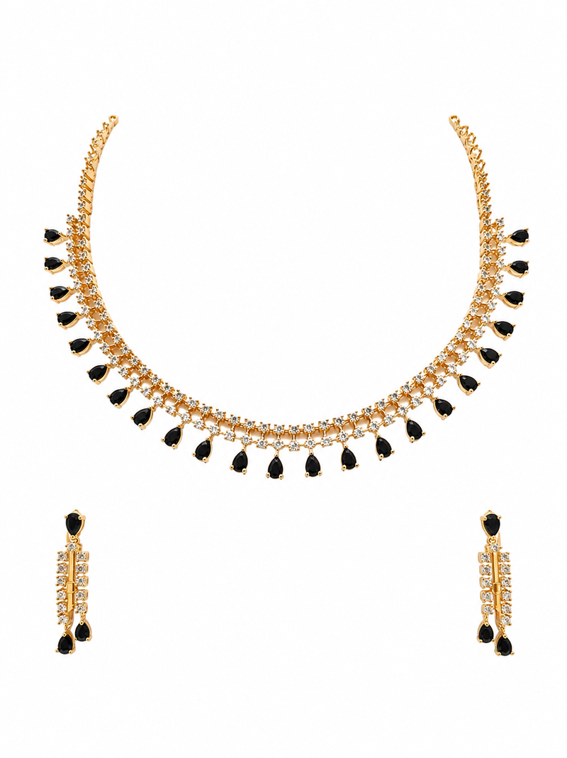 Ad necklace set with earrings, gold-toned, black teardrop stone, american diamond jewellery set