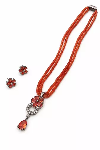 Red beads maala set with flower pendant, multi-strand necklace with matching stud earrings