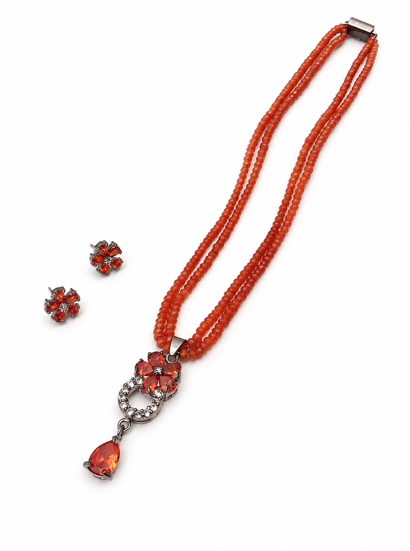 Red beads maala set with flower pendant, multi-strand necklace with matching stud earrings
