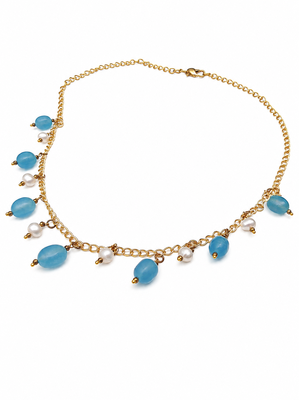 Pearl and blue bead charm necklace, gold-tone chain, dangling drops, women's fashion jewellery 2