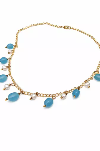 Pearl and blue bead charm necklace, gold-tone chain, dangling drops, women's fashion jewellery