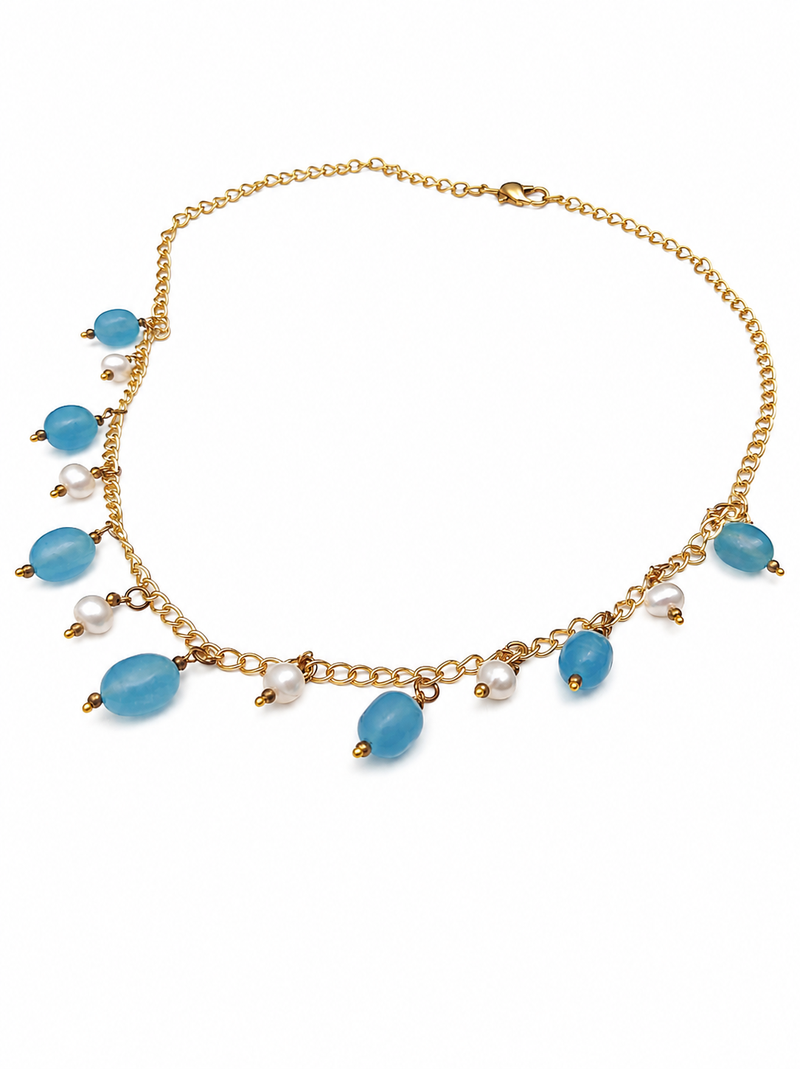 Pearl and blue bead charm necklace, gold-tone chain, dangling drops, women's fashion jewellery