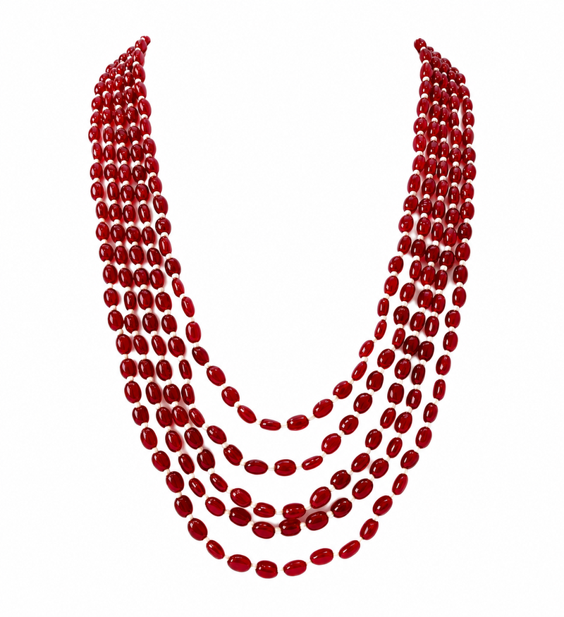 Red oval beads maala, multi-layer strand necklace, 22 inches, traditional indian style