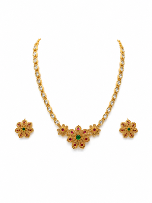 Ad necklace set with earrings, gold-toned, floral design, multi-colour stones, traditional indian jewellery 3