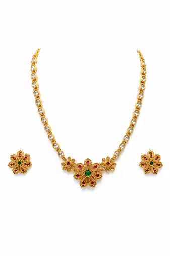 Ad necklace set with earrings, gold-toned, floral design, multi-colour stones, traditional indian jewellery