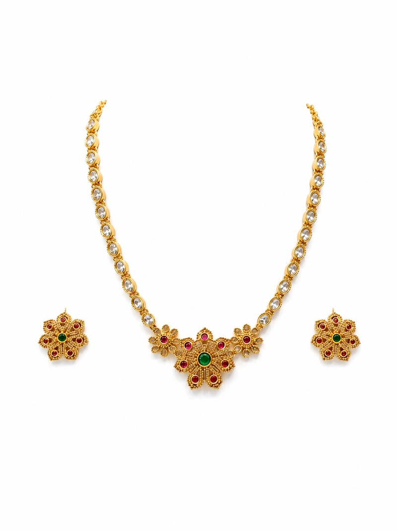 Ad necklace set with earrings, gold-toned, floral design, multi-colour stones, traditional indian jewellery
