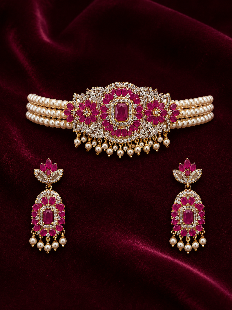 Pearl choker necklace set with ruby stone pendant, cz diamond accents, dangling earrings, bridal indian jewellery