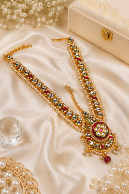 Ruby oval kundan pearl bridal matha patti 1