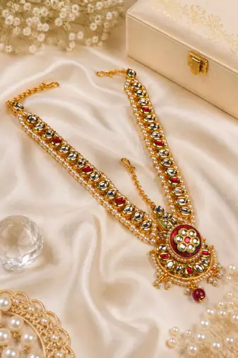 Ruby oval kundan pearl bridal matha patti
