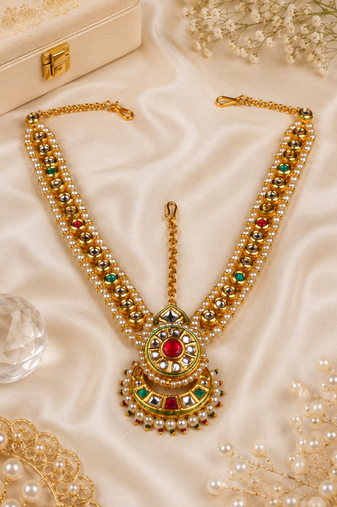 Red and green kundan bridal headpiece