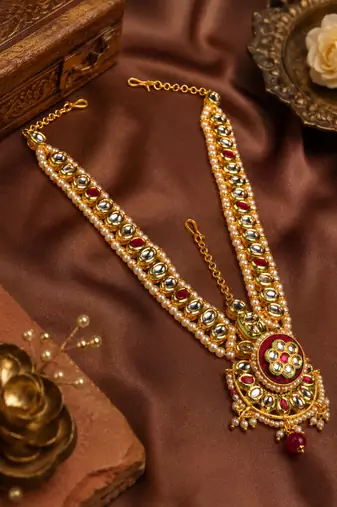 Ruby oval kundan pearl bridal matha patti