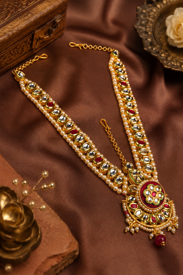 Ruby oval kundan pearl bridal matha patti