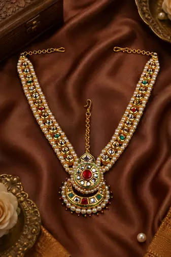 Red and green kundan bridal headpiece