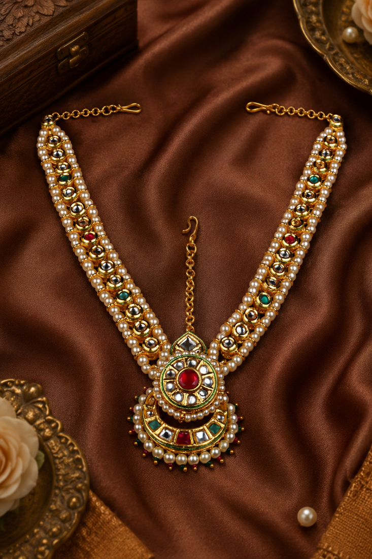 Red and green kundan bridal headpiece