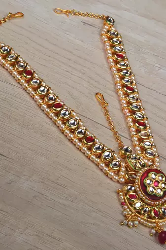 Ruby oval kundan pearl bridal matha patti