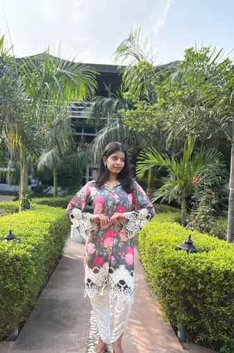 Abstract Floral Printed Embroidered Straight Fit Kurta with Dhoti Pant - Multi