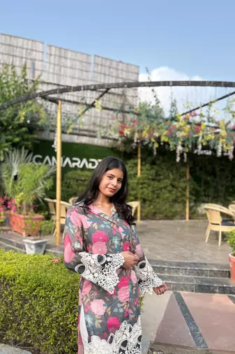 Abstract Floral Printed Embroidered Straight Fit Kurta with Dhoti Pant - Multi