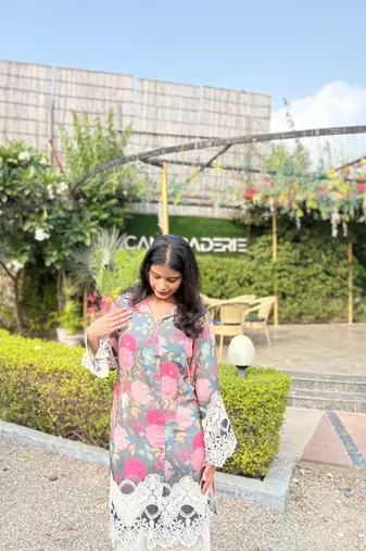 Abstract Floral Printed Embroidered Straight Fit Kurta with Dhoti Pant - Multi