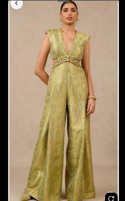 Handwoven Banarasi Brocade Suit Widelegged Party Wear Jumpsuit In Pista Golden Colour 3