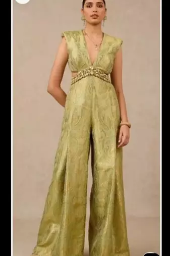 Handwoven Banarasi Brocade Suit Widelegged Party Wear Jumpsuit In Pista Golden Colour