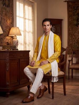 Men yellow chanderi silk solid embroidered straight kurta with dupatta 5
