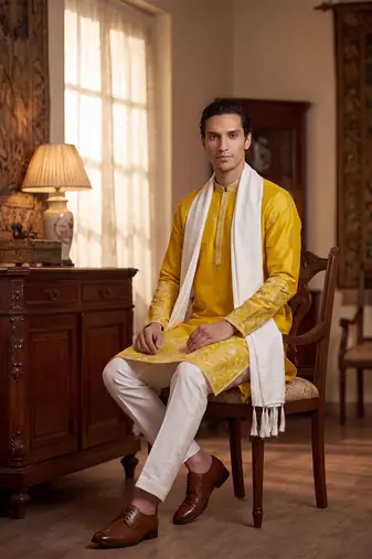 Men yellow chanderi silk solid embroidered straight kurta with dupatta