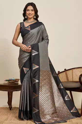 Grey woven art silk saree for women