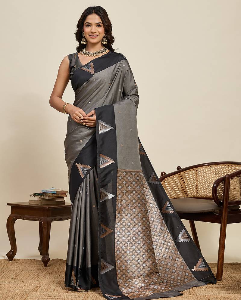 Grey woven art silk saree for women