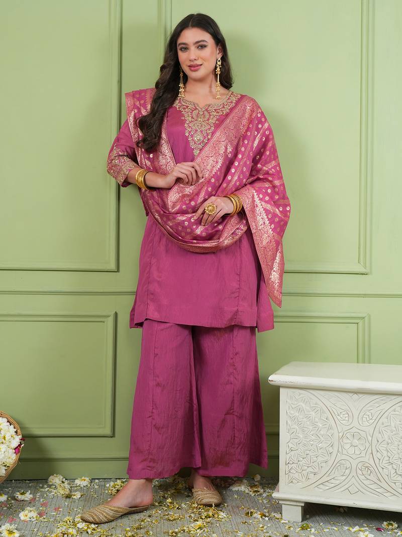 Women's Gorgeous Embroidery Work Sik Fabric Straight Kurta Palazzo and Dupatta Set