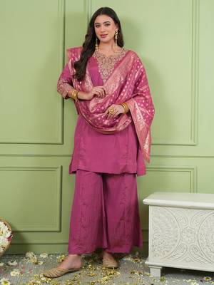 Women's Gorgeous Embroidery Work Sik Fabric Straight Kurta Palazzo and Dupatta Set 1