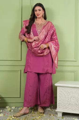 Women's Gorgeous Embroidery Work Sik Fabric Straight Kurta Palazzo and Dupatta Set